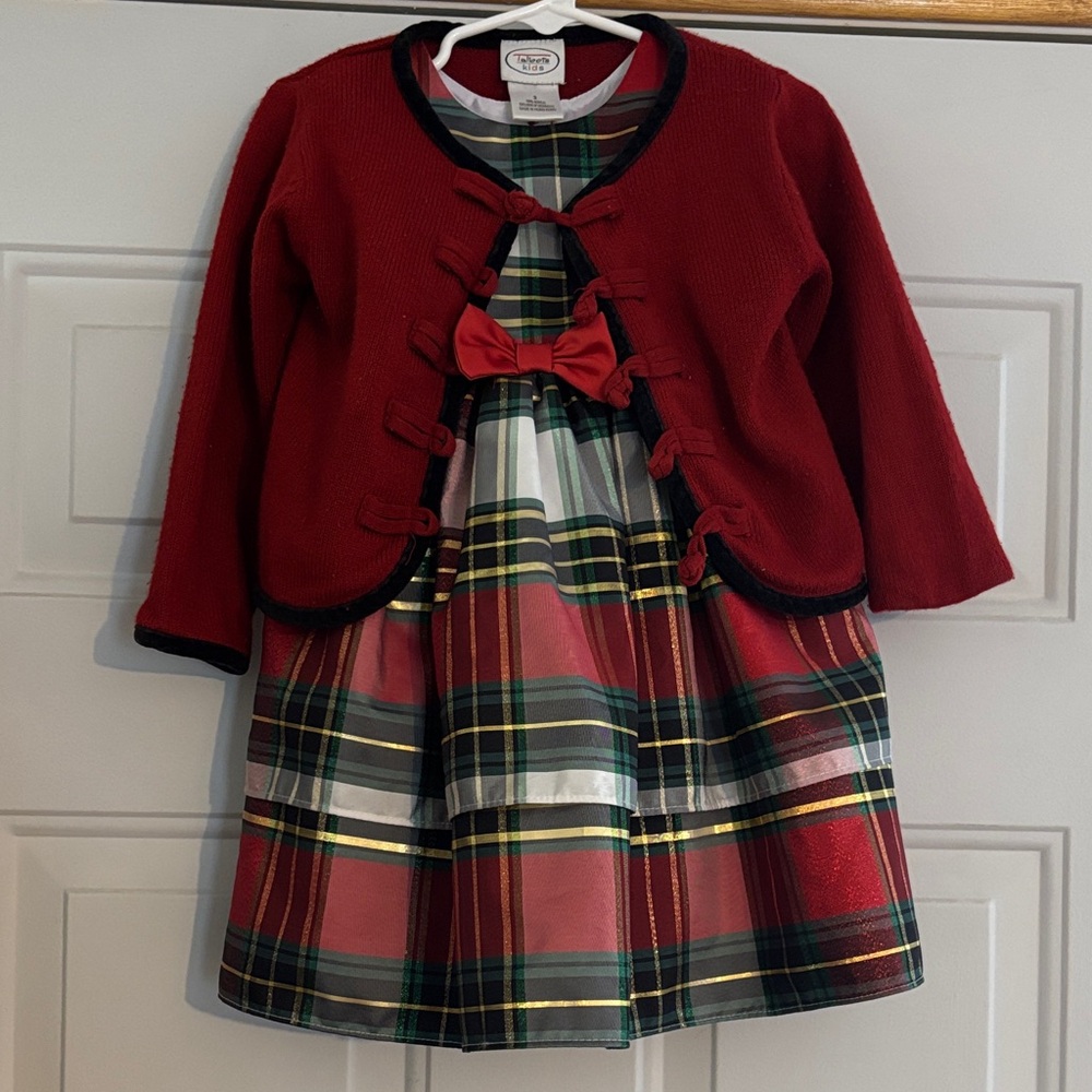 Holiday Editions Plaid Kids Formal Dress with Talbots Kids Red Cardigan